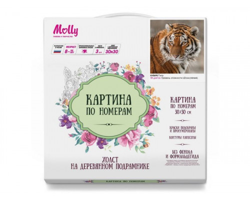 Картина по номерам 30х30 Тигр (18 цветов)