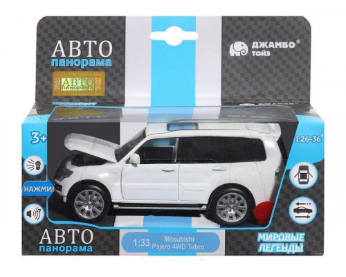 Машина АВТОПАНОРАМА Mitsubishi Pajero 4WD Tubro, белый, 1/33, свет, звук, в/к 17,5*13,5*9 см