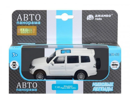 Машина АВТОПАНОРАМА Mitsubishi Pajero 4WD Tubro, белый, 1/43, инерция, в/к 17,5*12,5*6,5 см