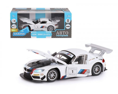 Машина АВТОПАНОРАМА BMW Z4 GT3, белый, 1/24, свет, звук, в/к 24,5*12,5*10,5 см