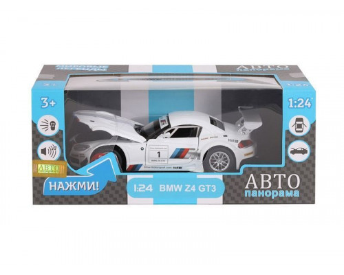 Машина АВТОПАНОРАМА BMW Z4 GT3, белый, 1/24, свет, звук, в/к 24,5*12,5*10,5 см