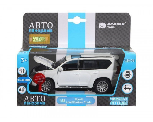 Машина АВТОПАНОРАМА Land Cruiser Prado, белый, 1/32, свет, звук, инерция, в/к 17,5*13,5*9 см