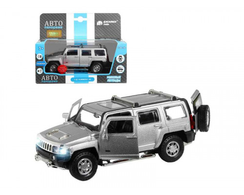 Машина АВТОПАНОРАМА Hummer H3, серебряный, 1/32, свет, звук, инерция, в/к 17,5*13,5*9 см