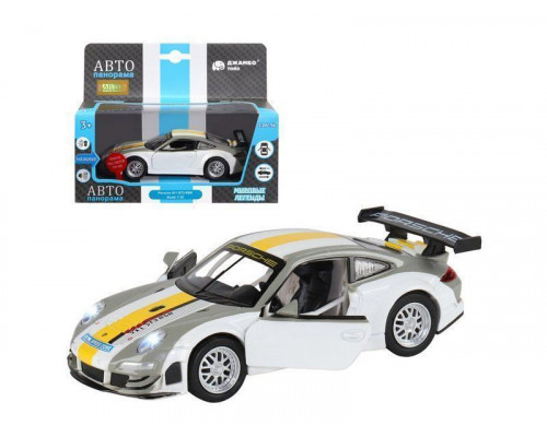 Машина АВТОПАНОРАМА Porsche 911 GT3 RSR, серебряный, 1/32, свет, звук, инерция, в/к 17,5*13,5*9см