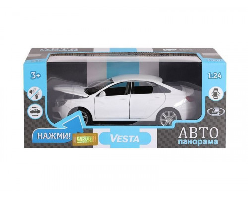 Машина АВТОПАНОРАМА LADA VESTA седан, 1/24,  белый, свет. звук. эффекты, в/к 24,5*12,5*10,5 см