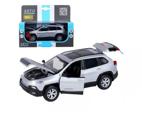 Машина АВТОПАНОРАМА Jeep  Cherokee, 1/32, серебряный, инерция, свет, звук, в/к 17,5*13,5*9 см