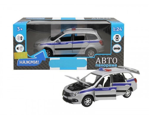 Машина АВТОПАНОРАМА LADA GRANTA CROSS Полиция, серебро, 1/24, свет, звук, в/к 24,5*12,5*10,5 см