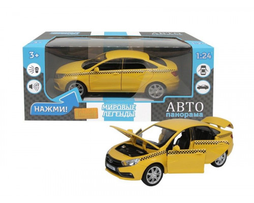 Машина АВТОПАНОРАМА LADA VESTA ТАКСИ желтый, 1/24, свет, звук, инерция, в/к 24,5*12,5*10,5 см