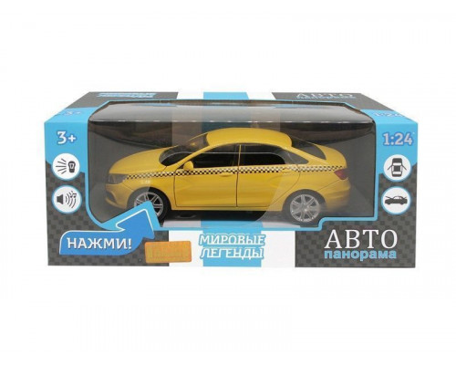 Машина АВТОПАНОРАМА LADA VESTA ТАКСИ желтый, 1/24, свет, звук, инерция, в/к 24,5*12,5*10,5 см