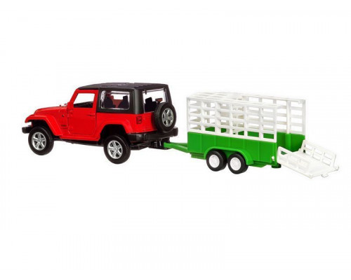 Машина АВТОПАНОРАМА Jeep Wrangler c прицепом для перевозки животных, 1/43, инерция, в/к