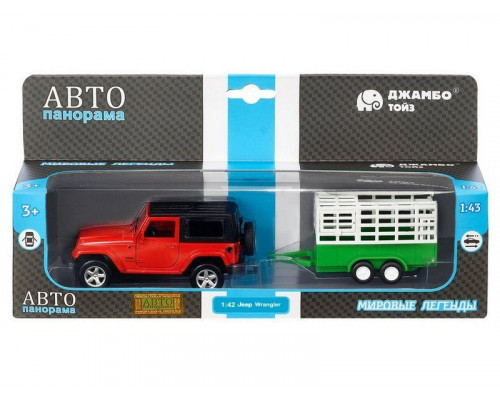 Машина АВТОПАНОРАМА Jeep Wrangler c прицепом для перевозки животных, 1/43, инерция, в/к