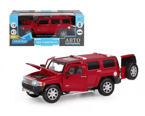 Машина АВТОПАНОРАМА Hummer H3, красный, 1/24, свет, звук, в/к 24,5*12,5*10,5 см