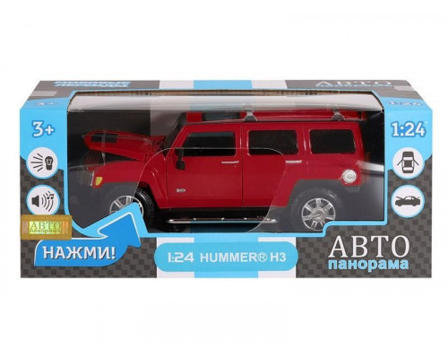 Машина АВТОПАНОРАМА Hummer H3, красный, 1/24, свет, звук, в/к 24,5*12,5*10,5 см