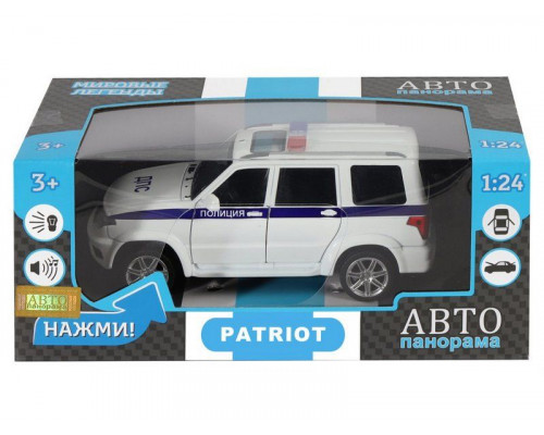 Машина АВТОПАНОРАМА УАЗ PATRIOT Полиция, 1/26, свет, звук, инерция, в/к 24,5*12,5*10,5 см