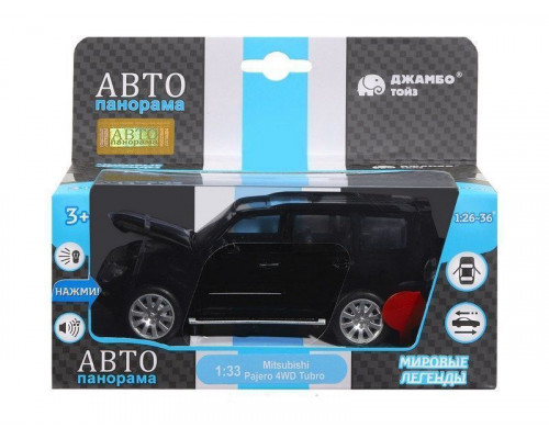 Машина АВТОПАНОРАМА Mitsubishi Pajero 4WD Tubro, черный, 1/33, свет, звук, в/к 17,5*13,5*9 см