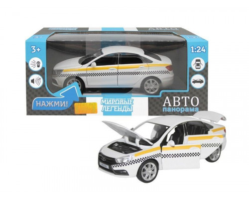 Машина АВТОПАНОРАМА LADA VESTA ТАКСИ белый, 1/24, свет, звук, инерция, в/к 24,5*12,5*10,5 см