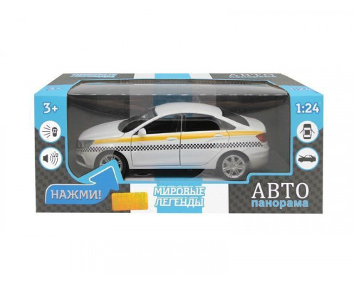 Машина АВТОПАНОРАМА LADA VESTA ТАКСИ белый, 1/24, свет, звук, инерция, в/к 24,5*12,5*10,5 см