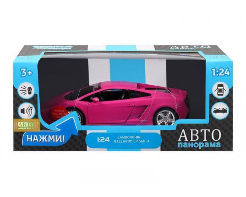 Машина АВТОПАНОРАМА Lamborghini Gallardo, розовый, 1/24, свет, звук, в/к 24,5*12,5*10,5 см