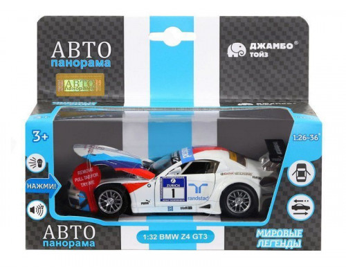 Машина АВТОПАНОРАМА BMW Z4 GT3, белый, 1/32, свет, звук, инерция, в/к 17,5*13,5*9 см