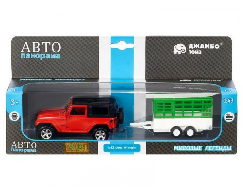 Машина АВТОПАНОРАМА Jeep Wrangler c прицепом, 1/43, открываются передние двери, инерция, в/к