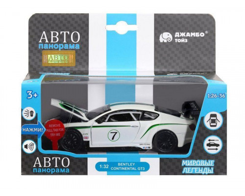 Машина АВТОПАНОРАМА Bentley Continental GT3, белый, 1/32, свет, звук, инерция, в/к 17,5*13,5*9 см