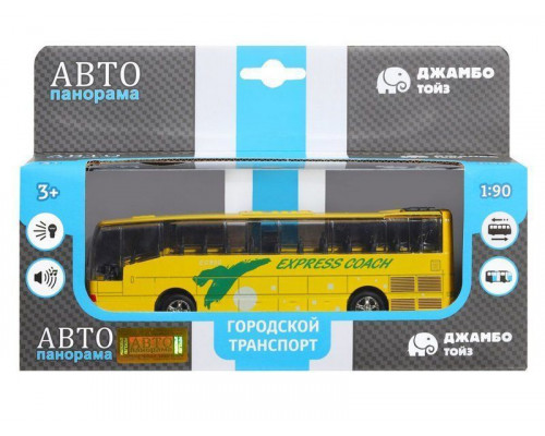 Автобус Автопанорама, желтый, 1/90, свет, звук, инерция, в/к 22*13,5*5,8 см